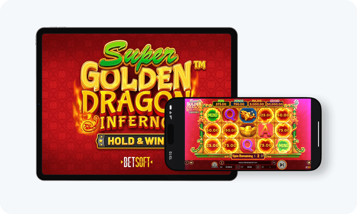Super Golden Dragon Inferno slot interface and logo on tablet and smartphone