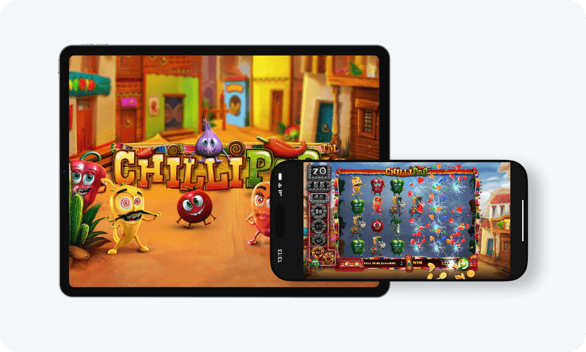ChilliPop slot interface and logo on tablet and smartphone