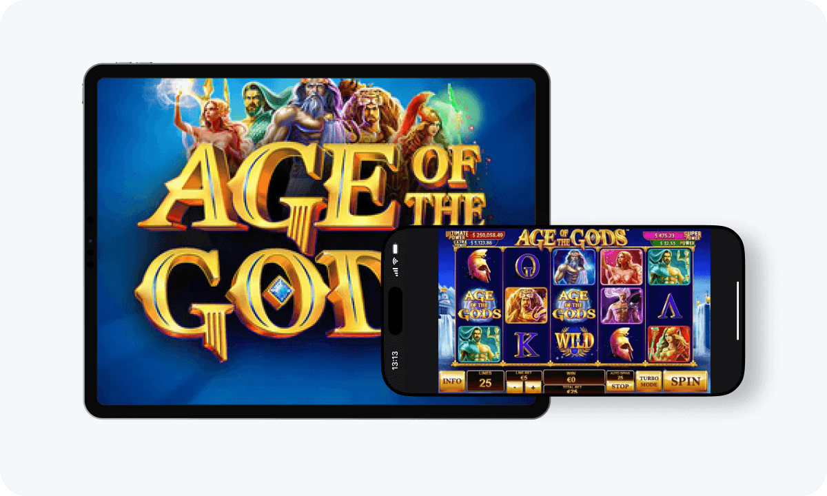 Age of the Gods slot interface and logo on tablet and smartphone