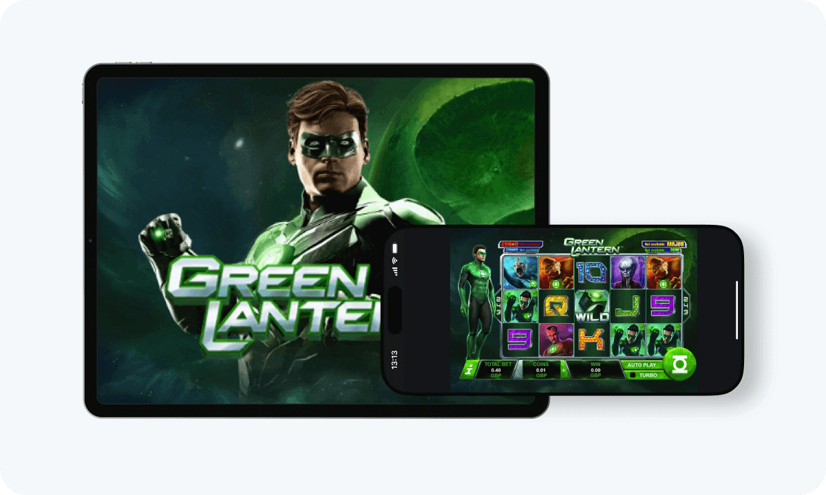 Green Lantern slot interface and logo on tablet and smartphone