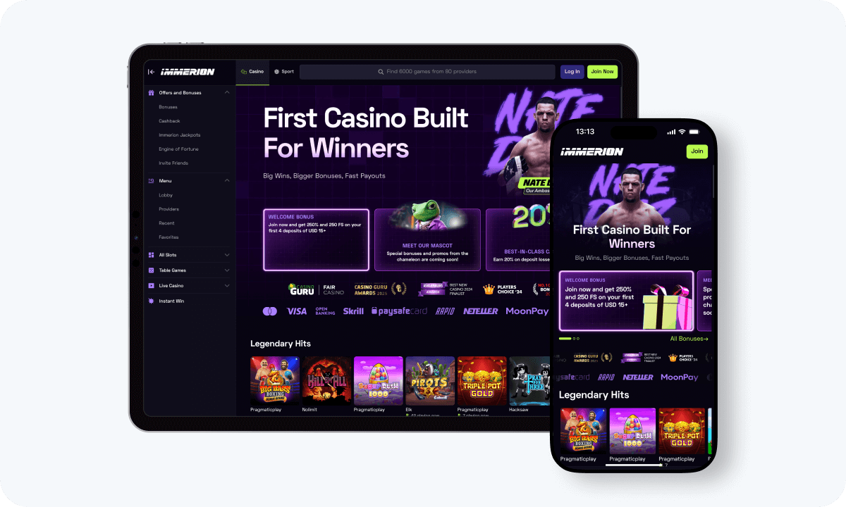 Immerion Casino interface displayed on a tablet and smartphone