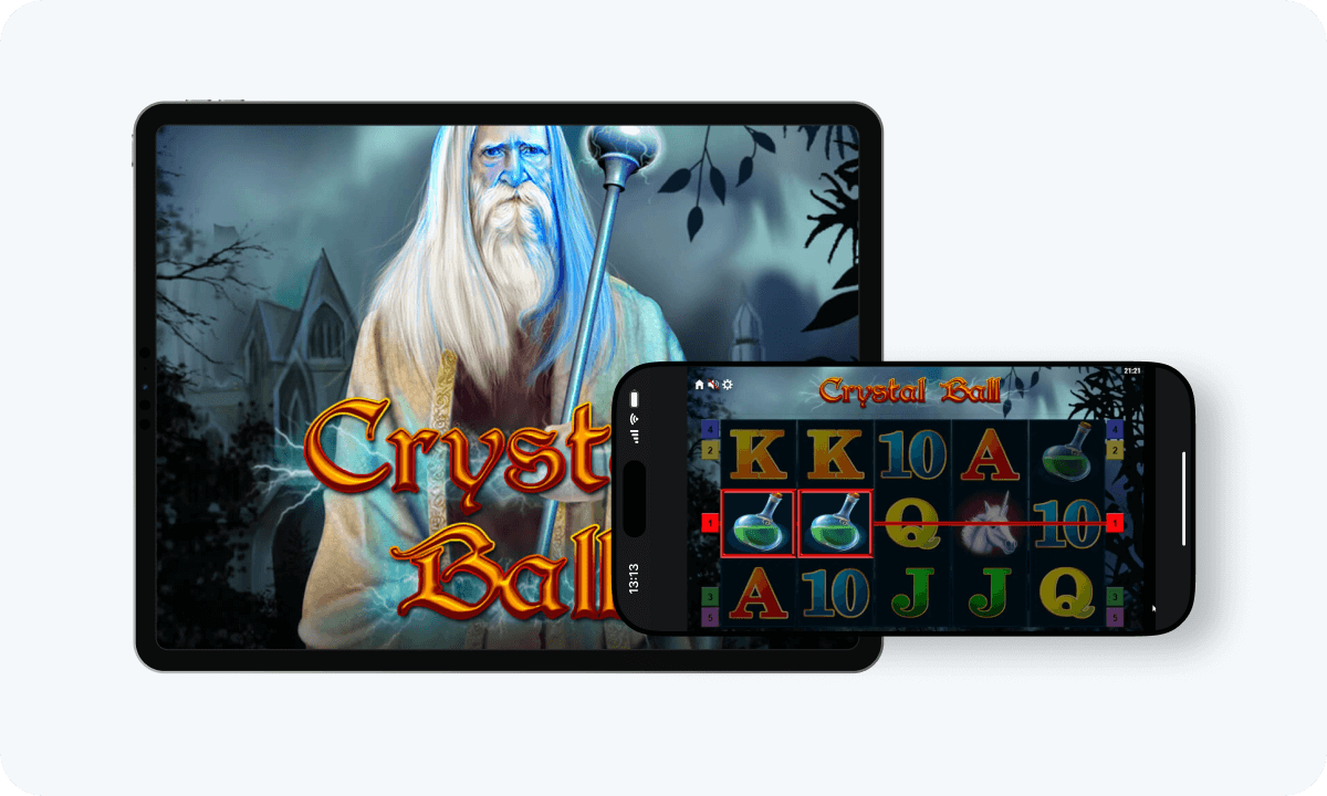 Crystal Ball slot interface and logo on tablet and smartphone