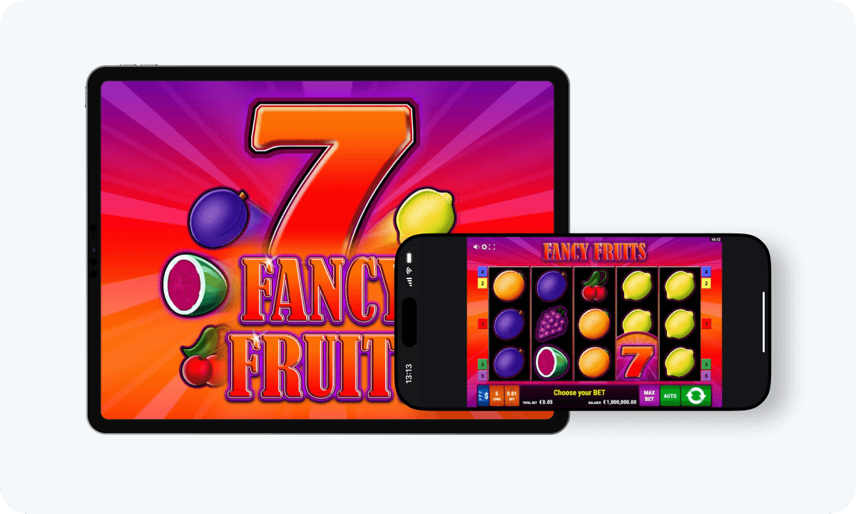 Fancy Fruits slot interface and logo on tablet and smartphone