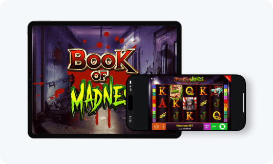 Book of Madness slot interface and logo on tablet and smartphone
