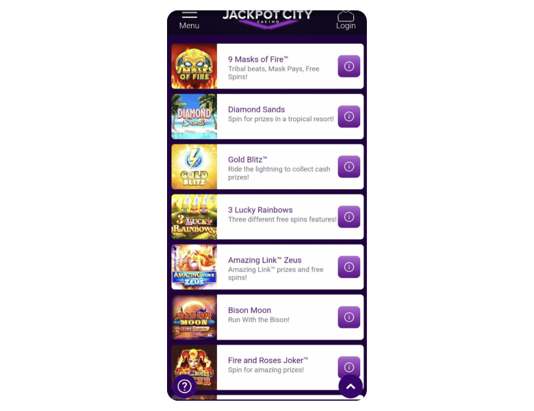 Jackpot City Casino app lobby games
