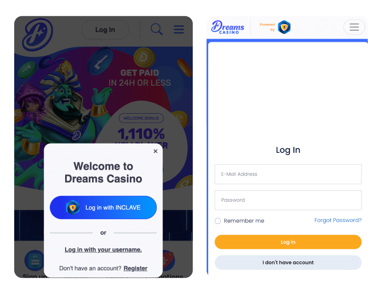 Login with Inclave to Dreams Casino