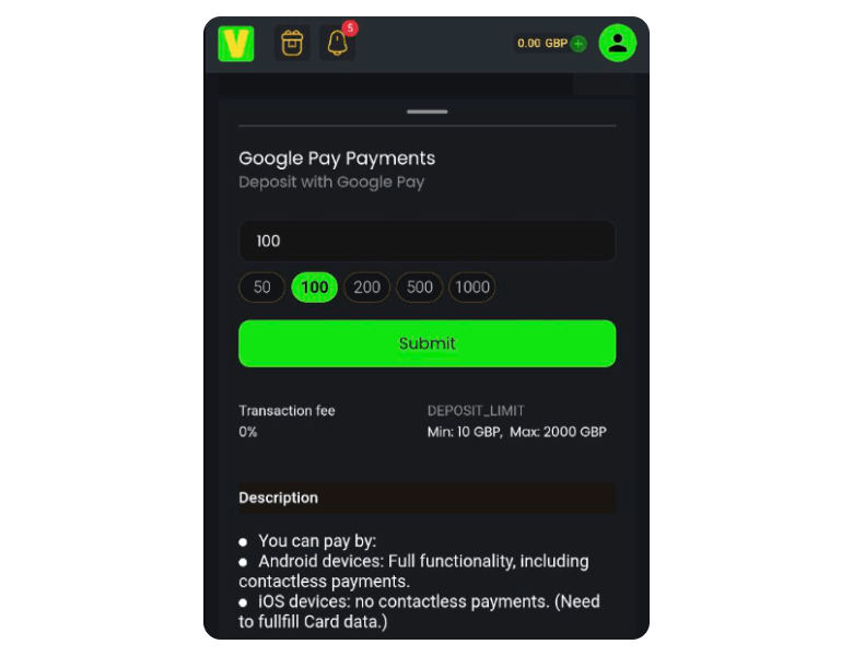 Page for deposit amount in Velobet casino