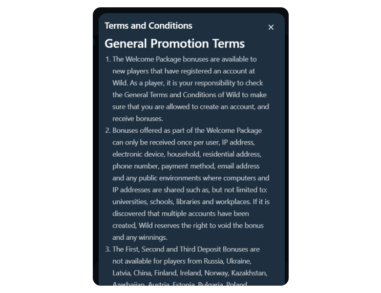 Screenshot of bonus terms and conditions