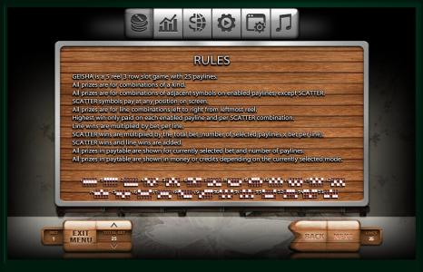 Geisha Slot Machine Scatter Awards and Paylines Screen