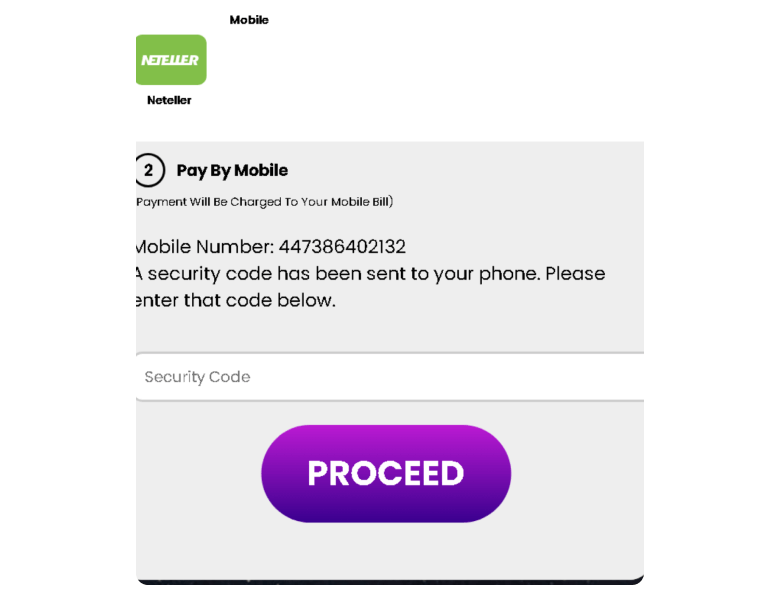 Screenshot of Completing Deposit with Payforit