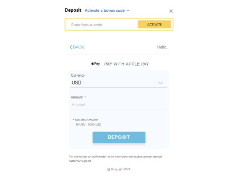 Image of casino deposit form via Apple Pay