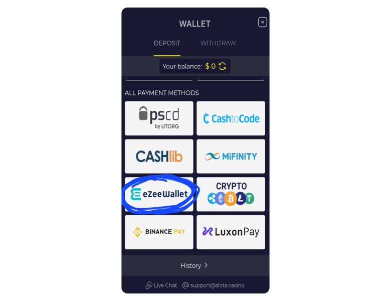 Screeshot of eZeeWallet between other Payment Methodes