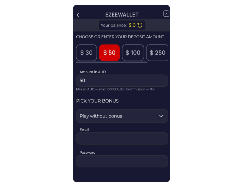 Screenshot of Deposit in casino with eZeeWallet