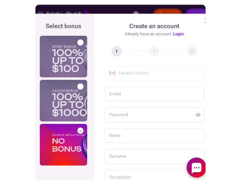 Screenshot of MiFinity Casino Registration First Step
