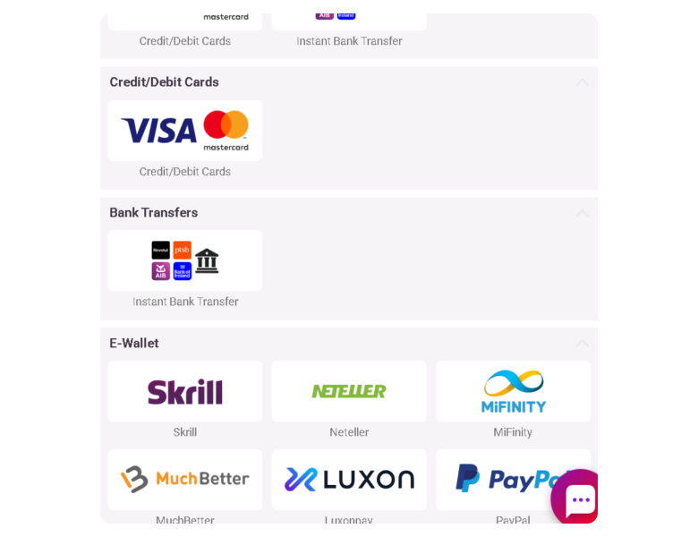 Screenshot of MiFInity and other Casino Deposit Methods