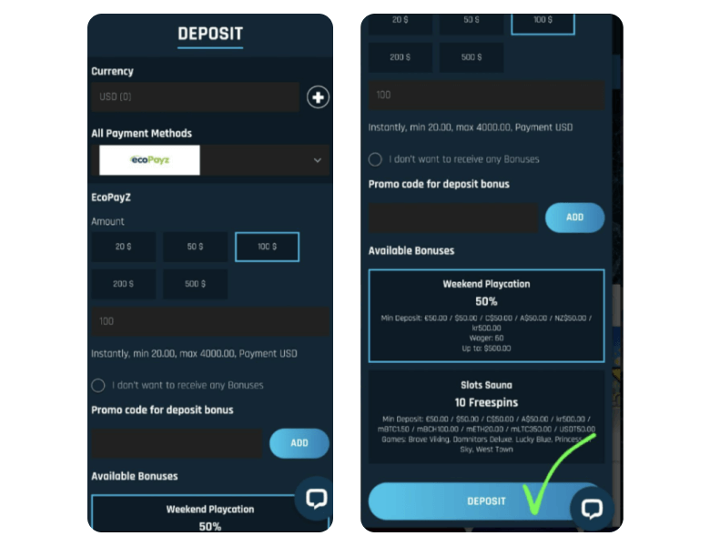 Screenshots of the deposit menu in the casino, with deposit amount selection and deposit confirmation button
