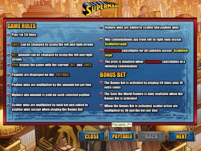 Superman Slot Machine Games Rules and Bonus Bet Screen