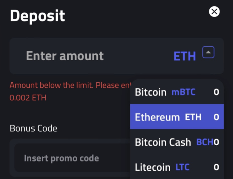 Pick ETH to deposit at mBit casino on smartphone