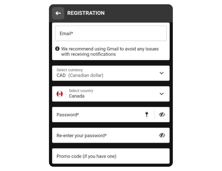 Registration page in Betandyou Casino