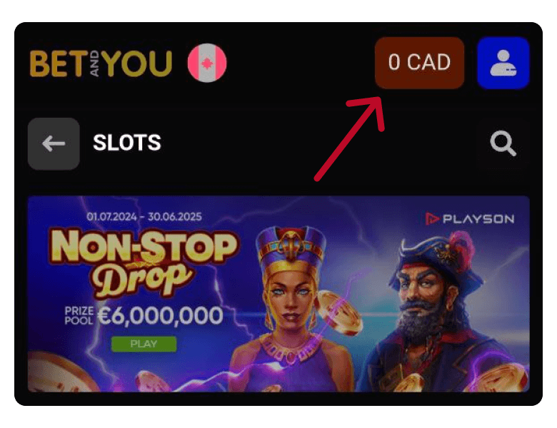 Arrow pointing to the Betandyou Casino deposit button