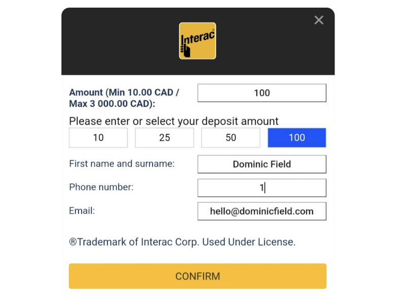 Deposit with Interac at Batandyou Casino