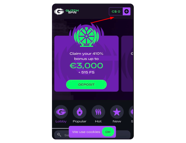 Screenshot of Glitch Spin Main Page with an arrow on the Cashier Section