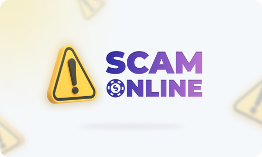Image with Beware sign and Scam Online sign with a casino chip on it