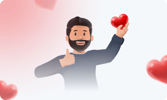 Image of a smiling person holding a heart and showing a thumbs up