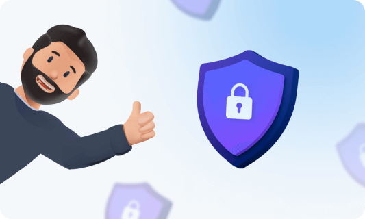 Image of a player showing a thumbs up, next to a lock symbolising data protection