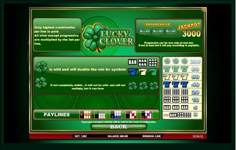 Lucky Clover Slot Machine Paylines and Paytable Screen