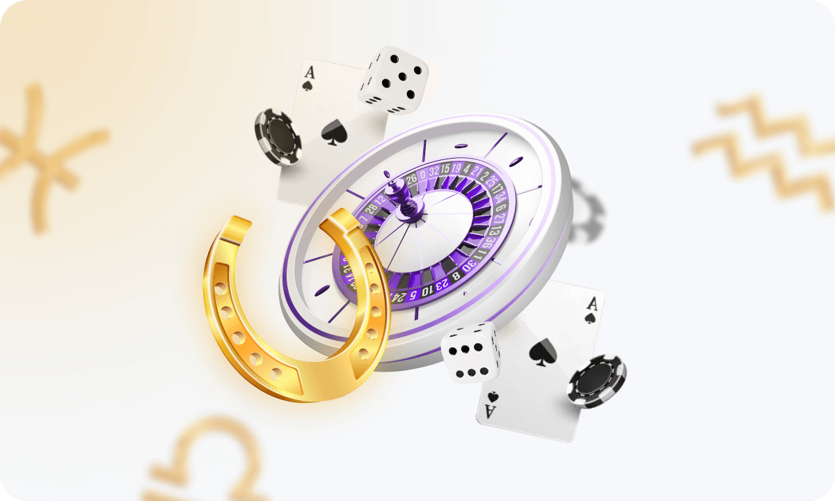Image of roulette, playing cards, dice, chips and a horseshoe symbolizing luck