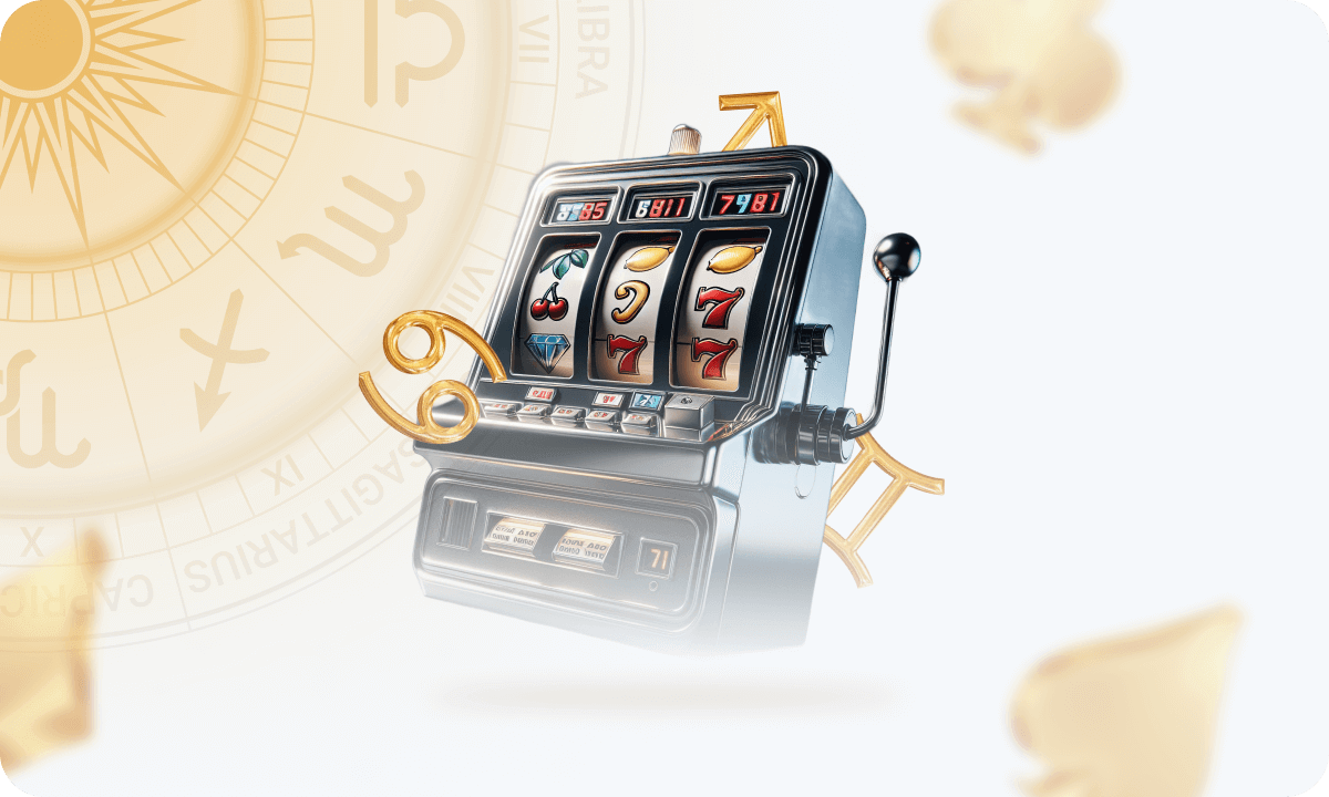 Image of slot machine next to images of zodiac signs