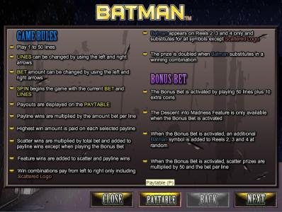Batman Slot Machine Bonus Bet and Game Rules Screen