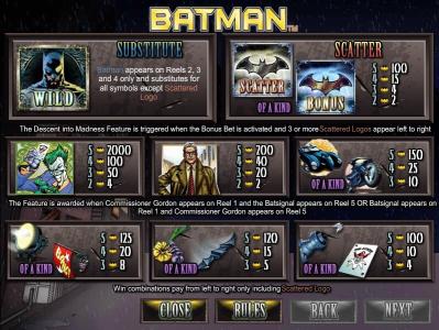 Batman Slot Machine Paytable Screen