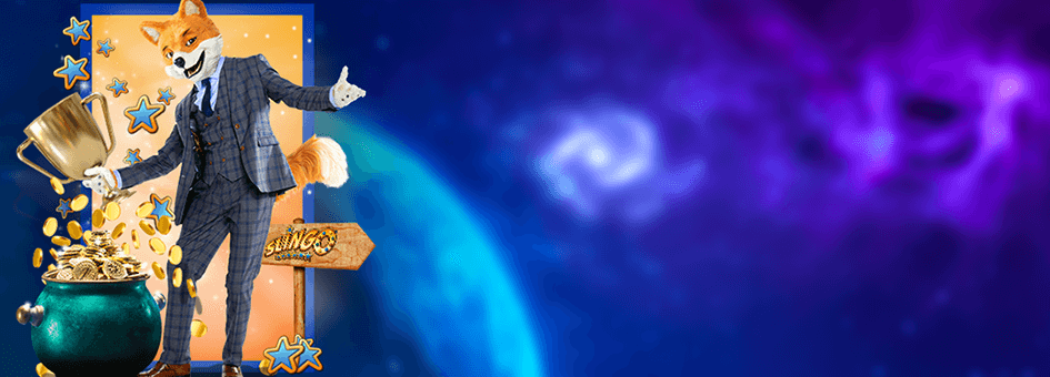 A man with the head of a fox rejoices over winnings in a Foxy Casino promotional image