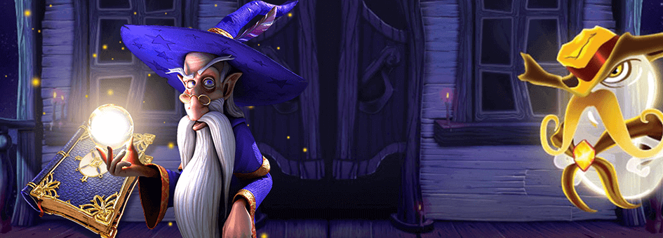 Wizard with book and magic ball on Jackpot Mobile Casino promotional poster