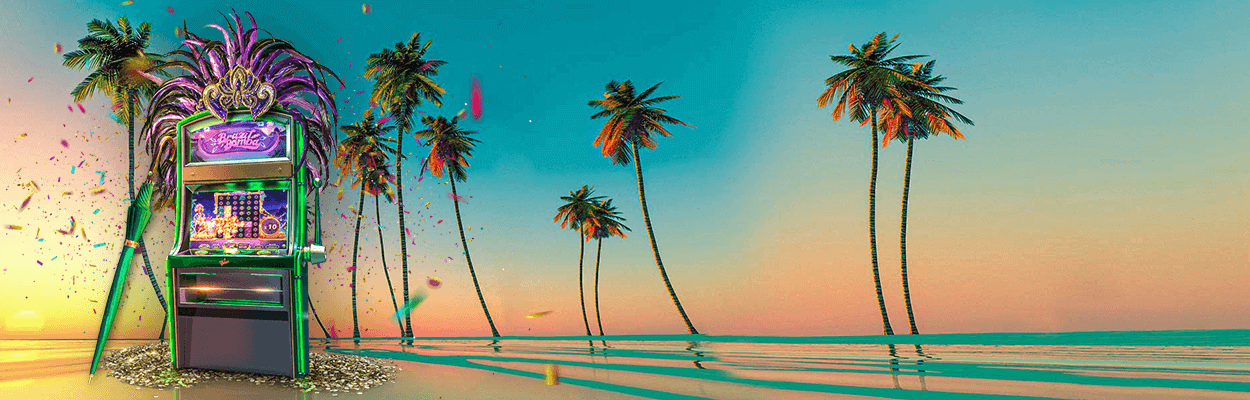 Mr Green Casino Slot machine and palm trees in Mr Green casino promotional image