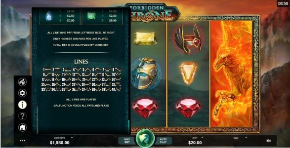 Forbidden Throne Slot Machine Paylines Screen