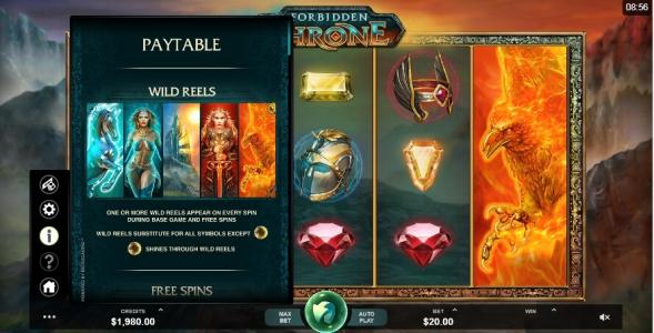Forbidden Throne Slot Machine Paytable and Wild Reels Screen