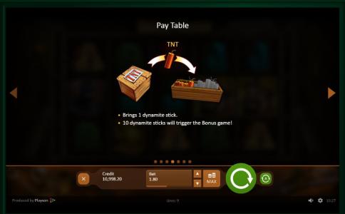 Gold Rush Slot Machine Paytable and TNT Screen