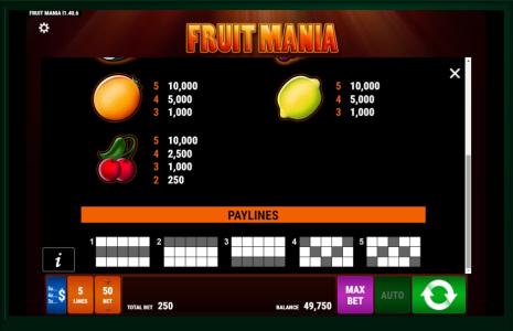 Fruit Mania Slot Machine Paylines and Paytable Screen