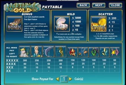 Neptunes Gold Slot Machine Paytable and Scatter Screen