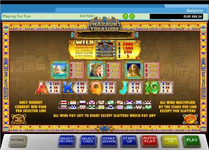 Pharaohs Treasure Slot Machine Paytable and Paylines Screen