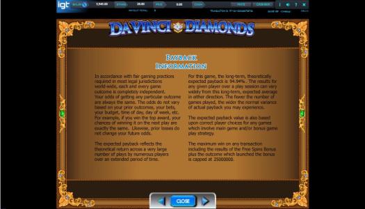 DaVinci Diamonds Slot Machine - Payback Information Screen