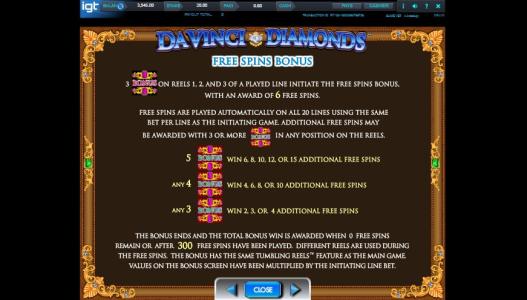 DaVinci Diamonds Slot Machine Free Spins Bonus Screen