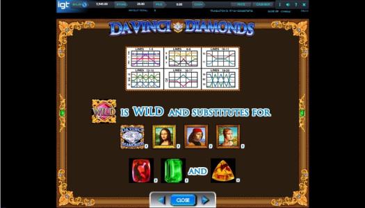 DaVinci Diamonds Slot Machine Wild Symbol Screen