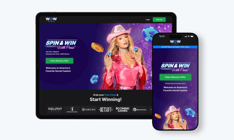 WOW Vegas Casino interface displayed on a tablet and smartphone