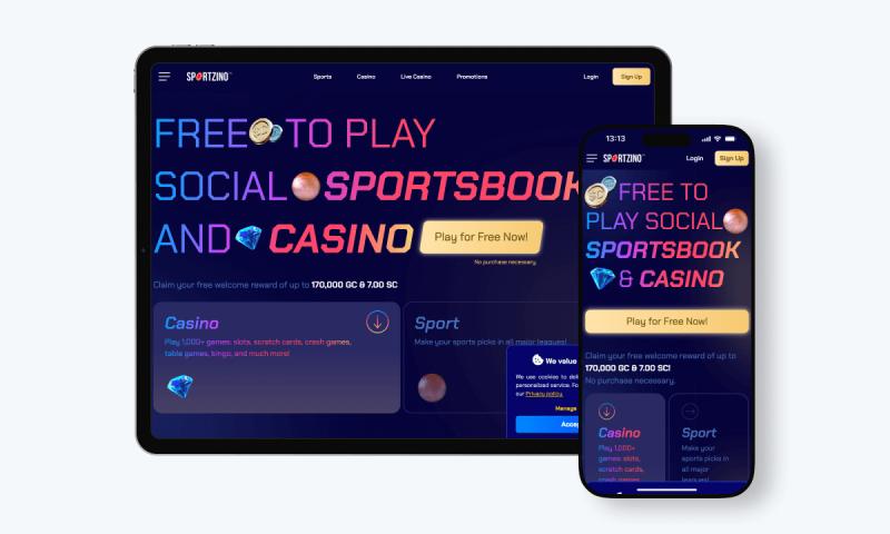 Sportzino Casino interface displayed on a tablet and smartphone
