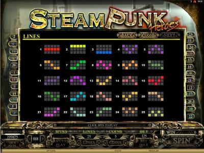 Steam Punk Heroes Slot Machine Paylines Screen