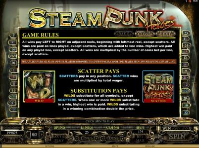 Steam Punk Heroes Slot Machine Scatter Awards and Wild Symbol Screen